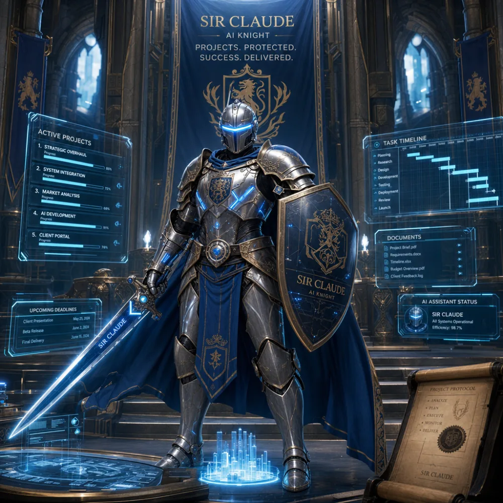 Sir Claude, de AI-ridder in blauw en zilver harnas